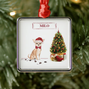 Ornamento De Metal Chihuahua Engraçado Cachorro de Natal com Árvore