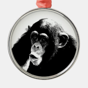 Ornamento De Metal Chimpanzé Branco Preto