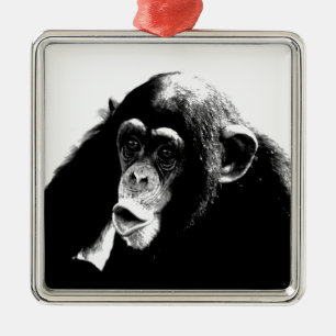 Ornamento De Metal Chimpanzé Branco Preto