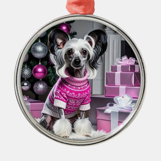 Ornamento De Metal Chinese Crested Christmas (Frente)