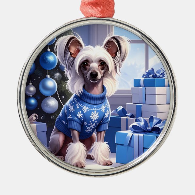 Ornamento De Metal Chinese Crested Christmas (Frente)