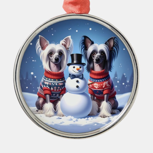 Ornamento De Metal Chinese Crested Dogs & Snowman Christmas (Frente)