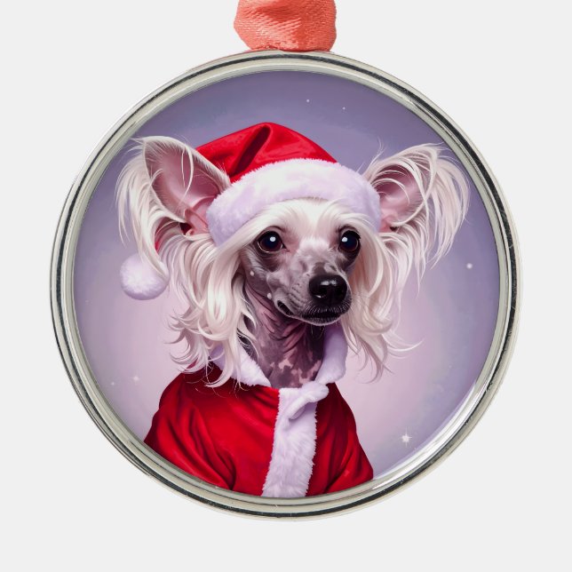 Ornamento De Metal Chinese Crested Santa Christmas (Frente)