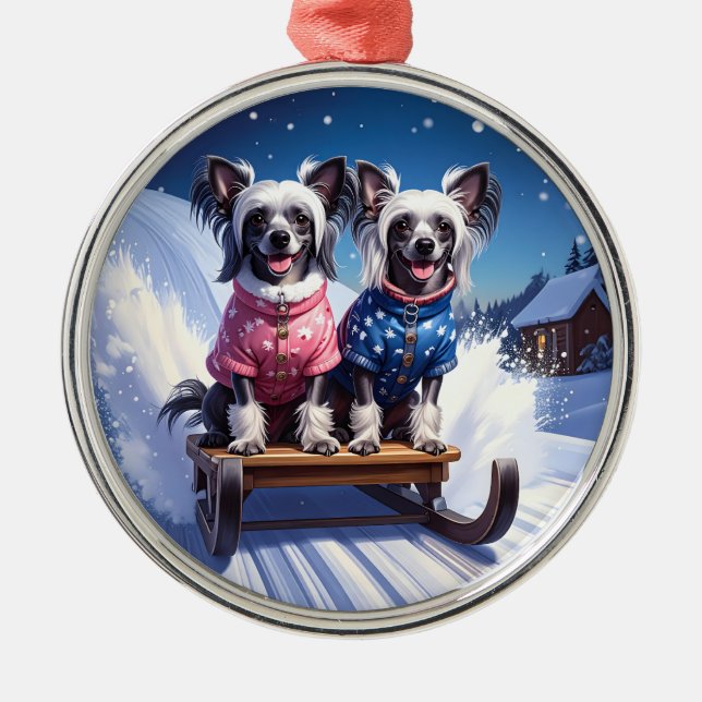 Ornamento De Metal Chinese Crested Sled Ride Christmas (Frente)