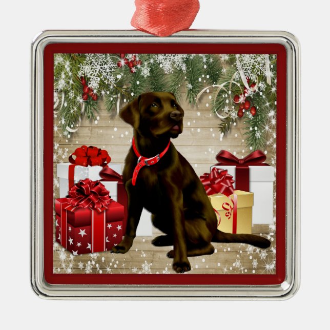 ORNAMENTO DE METAL CHOCOLATE LABRADOR DO NATAL (Frente)