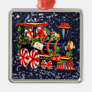 Ornamento De Metal Choo Choo Choo Train Blue Faux Glitter