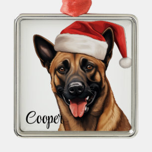 ORNAMENTO DE METAL CHRISTMAS BELGIAN MALINOIS DOG COM SANTA HAT
