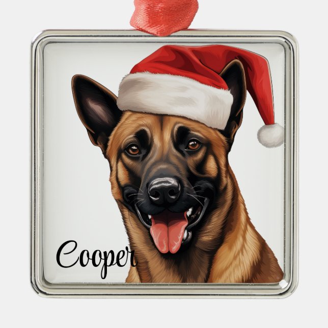 ORNAMENTO DE METAL CHRISTMAS BELGIAN MALINOIS DOG COM SANTA HAT (Frente)