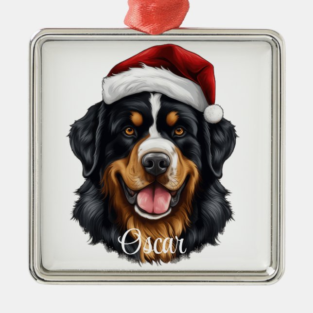 ORNAMENTO DE METAL CHRISTMAS BERNESE MOUNTAIN DOG COM SANTA HAT (Frente)