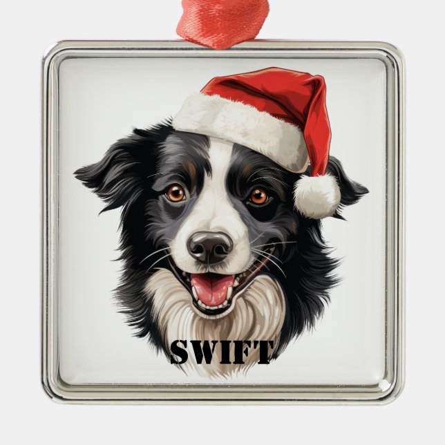 ORNAMENTO DE METAL CHRISTMAS BORDER COLLIE DOG COM SANTA HAT (Frente)