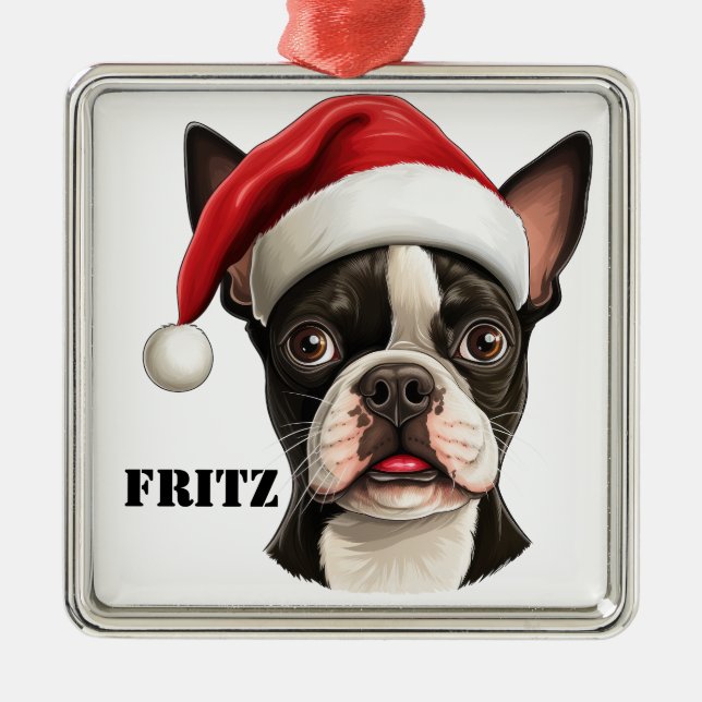 ORNAMENTO DE METAL CHRISTMAS BOSTON TERRIER DOG COM SANTA HAT (Frente)
