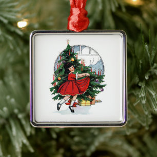 Ornamento De Metal Christmas Girl Vintage Illustration