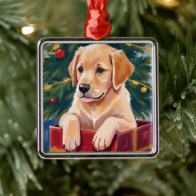 Ornamento De Metal Christmas Golden Retriever Puppy Present (Árvore)