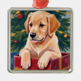 Ornamento De Metal Christmas Golden Retriever Puppy Present