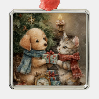 Ornamento De Metal Christmas Puppy and Kitten Gift