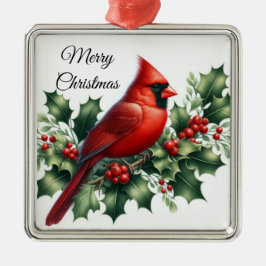 Ornamento De Metal Christmas Red Cardinal and Holly 