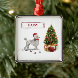 Ornamento De Metal Cinza Poodle Engraçado Cachorro de Natal com Árvor