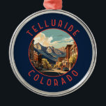 Ornamento De Metal Círculo Retroalterado de Telluride Colorado<br><div class="desc">Design de viagem de vetor de telureto em um estilo emblem. Telluride,  uma antiga cidade de mineração vitoriana nas Montanhas Rochosas do Colorado,  é colocada num caixão em meio a picos florestais na base de um popular resort de esqui e golfe.</div>