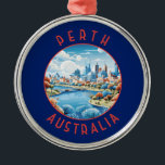 Ornamento De Metal Círculo Retroalterado Perth Austrália<br><div class="desc">Design de viagem de vetor retrorreflector perth. Perth,  capital da Austrália Ocidental,  fica onde o rio Swan encontra a costa sudoeste.</div>