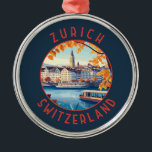 Ornamento De Metal Círculo Retrovisor de Suiça Zurique<br><div class="desc">Zurique retro vetor viagem design. As pistas pitorescas do centro de Altstadt (Cidade Velha),  em ambos os lados do rio Limmat,  refletem a sua história pré-medieval.</div>