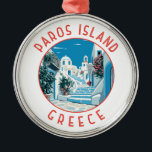 Ornamento De Metal Círculo Retrovisso da Grécia da Ilha Paros<br><div class="desc">Paros retro vetor viagem design. Paros é uma ilha grega do mar Egeu mais conhecida pelas suas praias e aldeias tradicionais.</div>