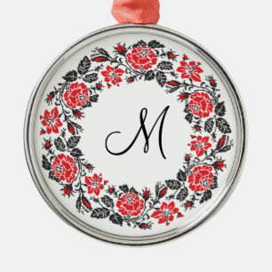 Ornamento De Metal Círculo Rosa vermelha Cruzado Monograma Inicial