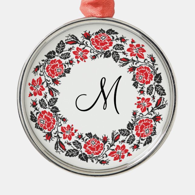 Ornamento De Metal Círculo Rosa vermelha Cruzado Monograma Inicial (Frente)