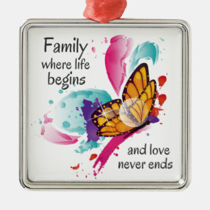 Ornamento De Metal Citação da Vida Familiar da Borboleta de Cores Aqu