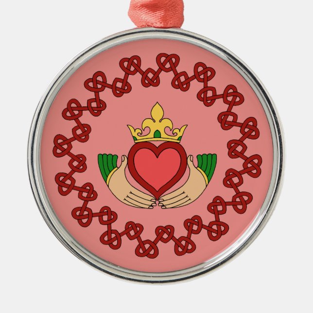 Ornamento De Metal Claddagh e Red Knotwork a rosa (Frente)