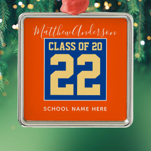 Ornamento De Metal Classe de 2022 Laranja Azul e Graduação Dourada
