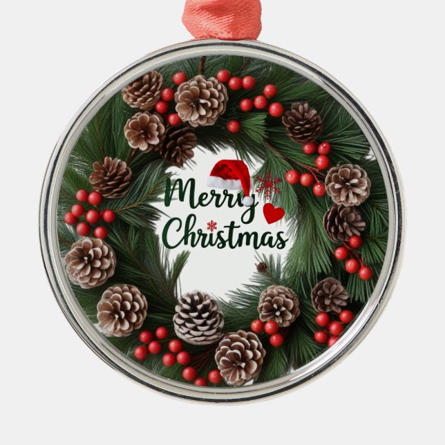Ornamento De Metal Clássica Pinecone & Berry Wreath Premium Round (Frente)