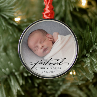 Ornamento De Metal Clássico Vintage Black Script Baby First Noel Phot