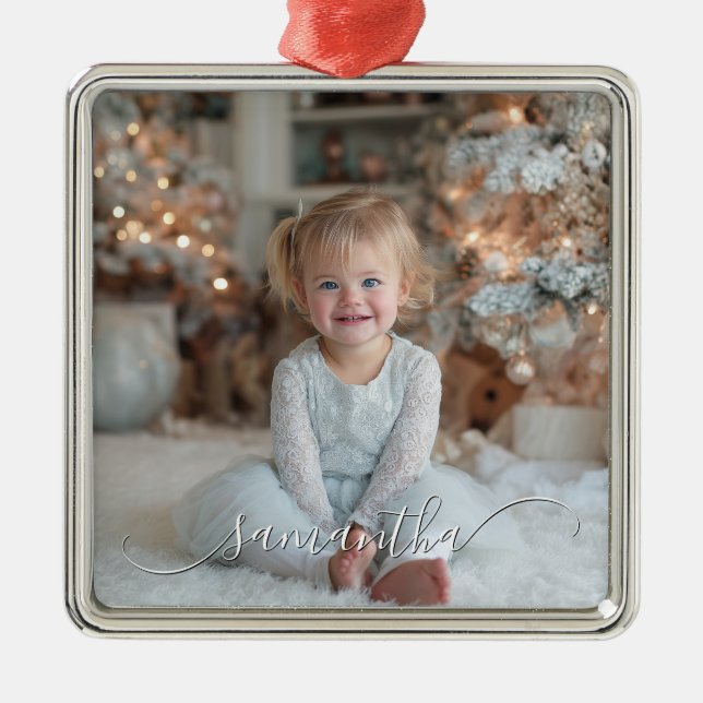 Ornamento De Metal Classy Curved Swash Signature Holiday Photo (Frente)