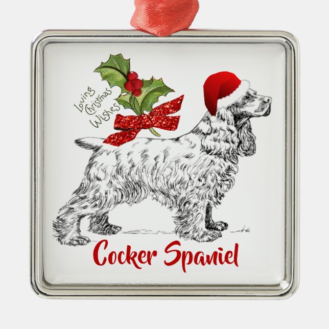 Ornamento De Metal Cocker Spaniel com Chapéu de Papai Noel e Azevinho (Frente)