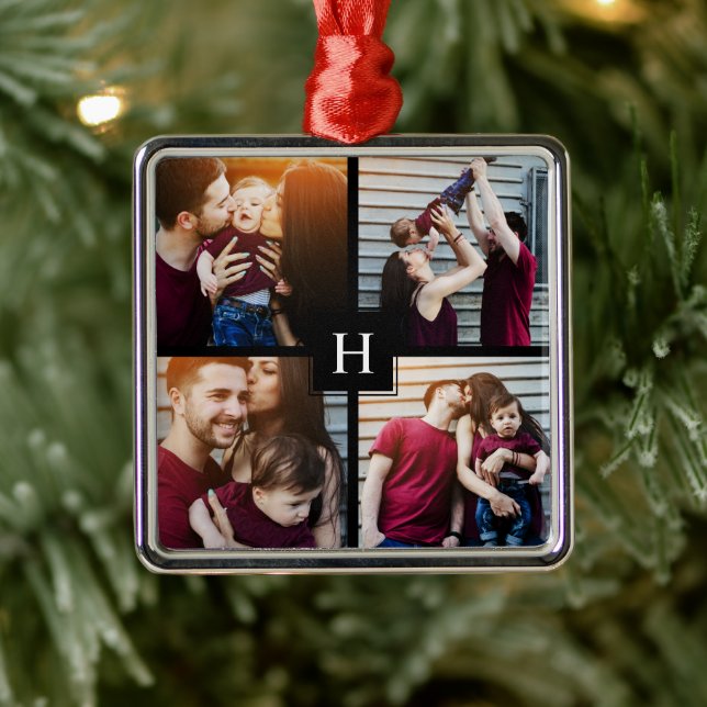Ornamento De Metal Colagem de 4 fotos e monograma (Árvore)