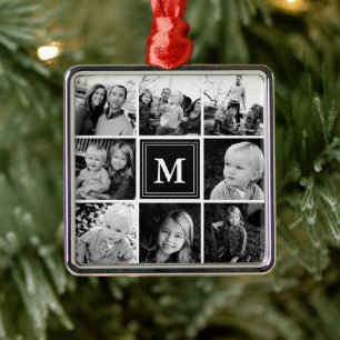 Ornamento De Metal Colagem de Fotos Quadrada Preta Monogramada Person