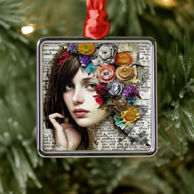 Ornamento De Metal Collage Art | Garota Bonito com flores no cabelo (Árvore)