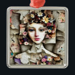 Ornamento De Metal Collage Art | Uma Bonito garota feita de páginas d<br><div class="desc">Arte de colagem. Linda dama com flores coloridas em seus cabelos e páginas de livros ao seu redor. Conteúdo genérico</div>