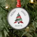 Ornamento De Metal Collage Árvore de Natal<br><div class="desc">Apresenta uma colagem de árvore de Natal em uma paleta colorida de vermelho e verde. Personalize com um nome.</div>