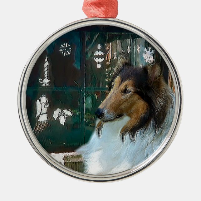 Ornamento De Metal Collie de Natal na Janela (Frente)