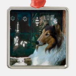 Ornamento De Metal Collie de Natal na Janela