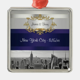 Ornamento De Metal Conjunto de Convite NYC Skyline BW 05 Branco Azul