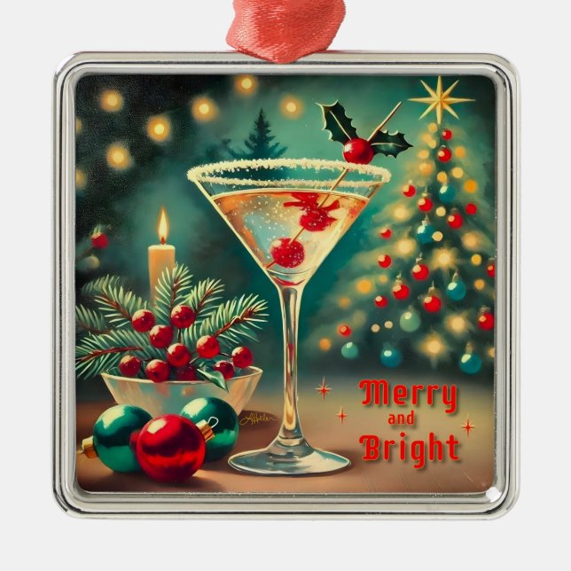 Ornamento De Metal Coquetel de Natal com Feliz retrorada Martini (Frente)