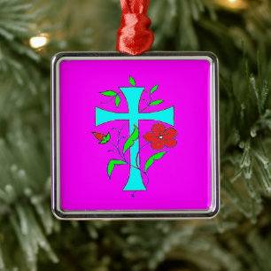 Ornamento De Metal Cor rosa-azul com flores vermelhas cruz azul