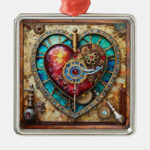 Ornamento De Metal Coração de Vidro Pintado com Girassóis Série Steam