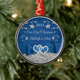 Ornamento De Metal Corações de casamento de Natal azuis e cinzas 1º N