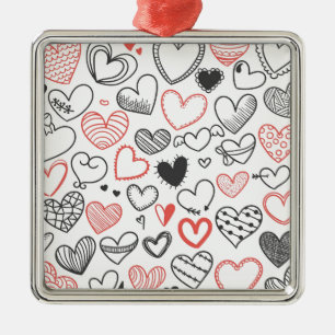 Ornamento De Metal Corações do doodle dos namorados vermelhos e