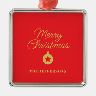 Ornamento De Metal Cores Vermelho Brilhante e Dourado Feliz Natal