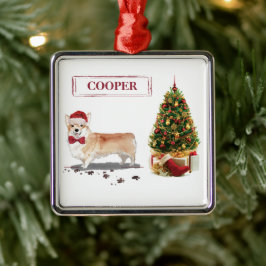 Ornamento De Metal Corgi Engraçado Cachorro de Natal com Árvore