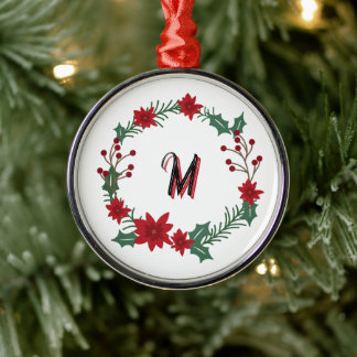 Ornamento De Metal Coroa de Natal Poinsettia Azevinho Monograma Inici